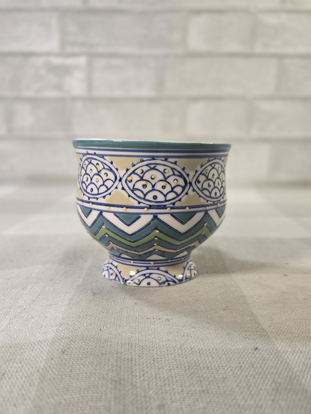 Anthropologie Green Blue Yellow Moriage Design Boho Footed 14oz Ceramic Mug Cup - Picture 5 of 8